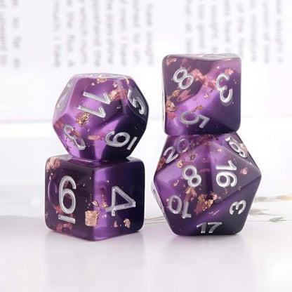 Haxtec DND Dice Set 7PCS Polyhedral D&D Dice for Roleplaying Games, Purple Black Gold Foil Resin Dice with Velvet Pouch for Dungeons and Dragons, Great DND Gift for Gamers & DM Masters - color: Purple Black