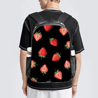 Large Clear Stadium Backpack Mesh Side Pockets Zipper Compartments | Stadium Approved, Strawberry Red Black, PVC See Through Bag, for Sand Water Towels - color: Pattern (334)