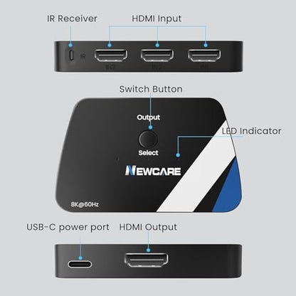 NEWCARE 8K HDMI 2.1 Switch 3 in 1 Out, HDMI Splitter 4K@120Hz Support 8K@60Hz HDCP2.3 HDR10+ VRR ALLM Dolby, HDMI Switcher Compatible with TV PS5/4 Xbox Laptops PC Projector
