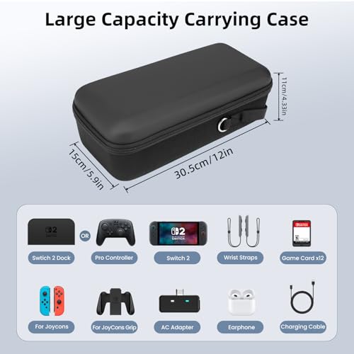 FIWWAT Carrying Case for Nintendo Switch 2 2025, 12 Game Card Slots, Large Capacity Hard Travel Protective Case for Switch 2 Console Accessories Pro Controller, Dock, Black - color: Black