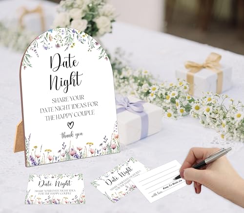 51 Pc Wildflower Date Night Ideas Game, Boho Flowers Bridal Shower Game, 6x8 Inch Arch Wooden Sign with Stand and 50 Date Night Cards, Wedding Shower Decor - YHZ06 - color: Wildflower06