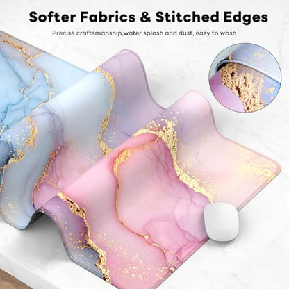 Large Gaming Mouse Pad, XL Desk Protector, Non-Slip Base | 31.5x15.7 in Extended Desk Mat with Stitched Edges for Keyboard, Work, Game, Office, Home PC and Laptop - color: Pink Marble