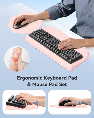 Cloud Wrist Rest for Keyboard and Mouse, Keyboard Riser Pad for Desktop | PU Leather, Non-slip, Ergonomic Angle Adjustable Arm Rest, Soft Wrist Support, Waterproof - color: Pink