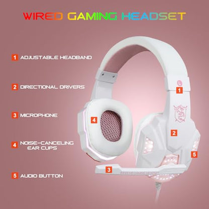 BlueFinger RGB Gaming Keyboard and Backlit Mouse and Headset Combo, USB Wired Backlit Keyboard, LED Gaming Mouse Set, Headset with Microphone for Laptop PC Computer Game and Work (Pink & White) - color: Pink & White