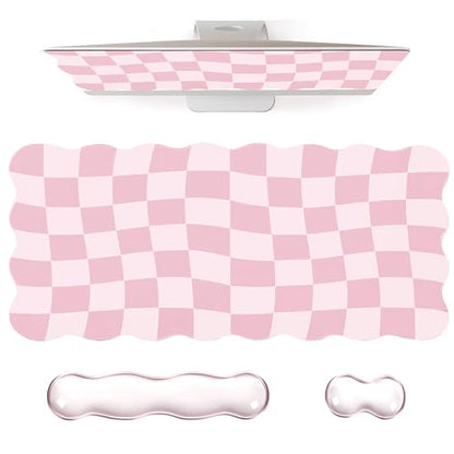 L-SPOUTTO Pink Checkered Mouse Pad Set,Scalloped XXL Desk Mat + Ergonomic Mouse Wrist Rest + Gel Keyboard Wrist Rest for Keyboard 65%/75%,3in1 Large Desk Pad for Desktop Home Office Computer Game - color: Pink Checkered