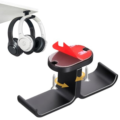 Under Desk Headphone Hanger with Strong Adhesive and Screws Mount, 360° Rotatable Dual Headset Holder Stand, Aluminum Metal Adjustable Headphone Hook, Perfect for Home Gaming & Office - Black - size: Black - 2 Headphones, Metal