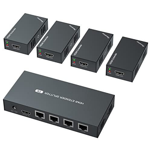 HDMI Extender Splitter 1x4 1080P@60Hz Over Cat 5E/6/7 Ethernet Cable 165ft | Support EDID Copy POC Function (1 in 4 out), for Church, Classroom, Business Activity, Multi Video Displays - size: 1x4 1080P 165ft