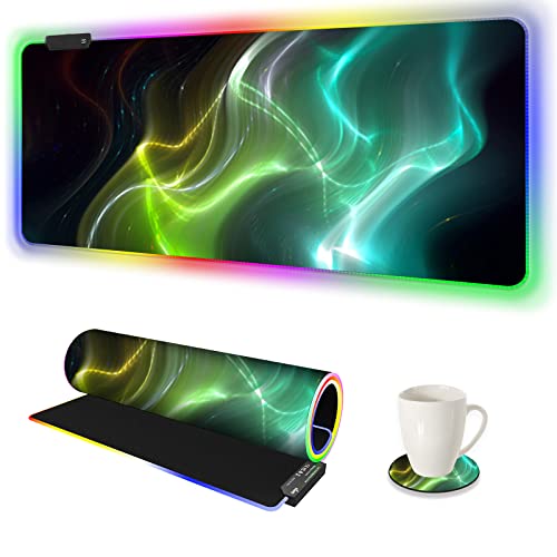 AIMSA Large Gaming Mouse Pad RGB, Keyboard Led Mousepad Extended 35.4 x 15.8 inch Non-Slip Rubber Base with 14 Lighting Modes, Big Desk Mat Waterproof, Cool Aurora - color: Cool Aurora