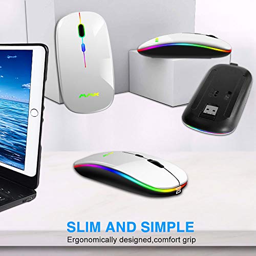 MMK Wireless Bluetooth Mouse, 2.4G Rechargeable Optical Mouse for Laptop | LED Slim Dual Mode (Bluetooth 5.0 and 2.4G) Wireless Mouse for Laptop, PC, Mac OS, Android, Windows (Silver) - color: Silver