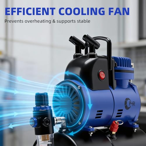 1/5HP Airbrush Compressor Kit with 3 Airbrushes, 3.2L Air Tank | 0.2/0.3/0.8mm Airbrushes with Dual Holders, Cooling Fan and Cleaning Tools for Model Hobby, Craft, Cake & Body Art