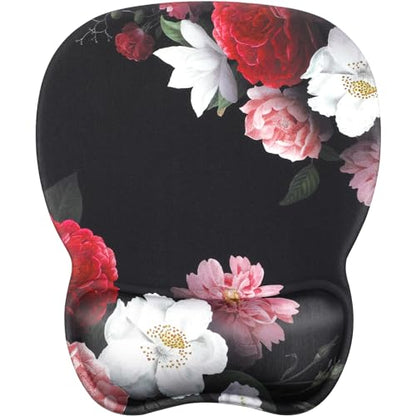 MROCO Ergonomic Mouse Pad with Gel Wrist Rest, 9.4 x 8.1 in, Black Flower | Ergonomic Shape Design, Multiple Pattern Options, Gel Wrist Comfort, Smooth Lycra Surface, Non-Slip PU Base - color: Black Flower