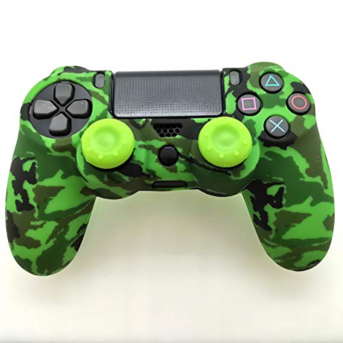 Silicone Skin Cover for Ps4 Controller (1pc Anti-Slip Case, 1 Pair L2 R2 Trigger Extender, 4pcs Thumb Grips,4pcs LED Light Bar Decal) Protector for DualShock PS4/ Slim/Pro Controller (Green camouflag) - color: Green camouflag