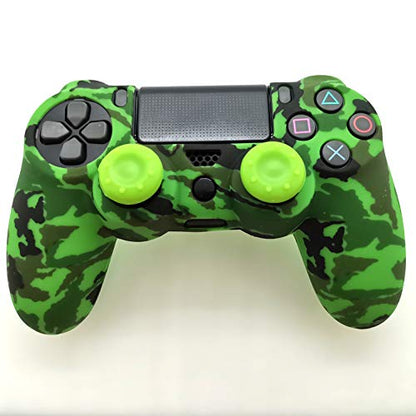Silicone Skin Cover for Ps4 Controller (1pc Anti-Slip Case, 1 Pair L2 R2 Trigger Extender, 4pcs Thumb Grips,4pcs LED Light Bar Decal) Protector for DualShock PS4/ Slim/Pro Controller (Green camouflag) - color: Green camouflag
