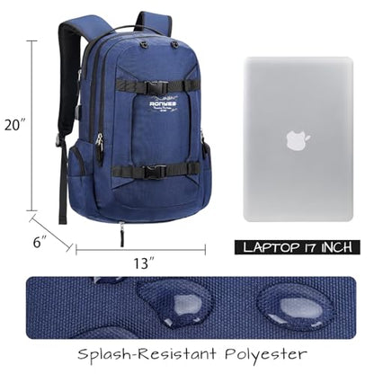 Ronyes Skateboard Backpack, Skateboard Bag,17.3 Inch Laptop Backpack with USB Charging Port, Basketball Longboard Backpack for Sports Travel Blue