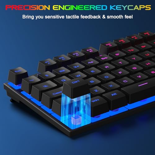 BlueFinger Gaming Keyboard USB Wired Full Size Keyboards, Rainbow Backlit Light Up Keyboard with Multimedia Keys, Quiet Typing for Windows PC Laptop