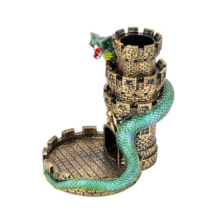 Castle DND Dice Tower Ancient Gold D&D Dice Rolling Tower for RPG | Snake Design, Resin, Dice Roller with Tray, Dungeons and Dragon DM Gift, DND Accessories, for Role Playing Game Tabletop Game - color: Golden