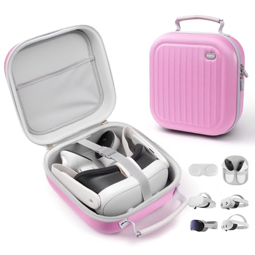 Hard Carrying Case for Meta Quest 3S/Quest 3/Quest 2/Vision Pro(Pink) | Portable Hard Carrying Case for VR Gaming Headset and Touch Controllers Case with Lens Protector for Travel and Home Storage - color: Pink