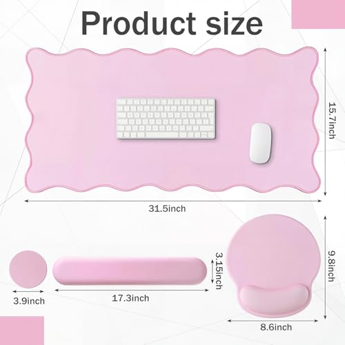 Sabary Scalloped Desk Mat Keyboard Mouse Pad Set 31.5 x 15.7 Inch Pink Table Mat Keyboard Wrist Rest Cute Preppy Mouse Pad with Wrist Rest Coaster Ergonomic Non-Slip Waterproof Gaming Desk School - color: Pink, size: 31.5 x 15.7 Inch