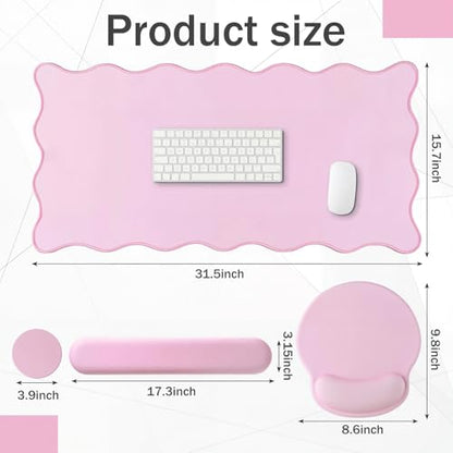 Sabary Scalloped Desk Mat Keyboard Mouse Pad Set 31.5 x 15.7 Inch Pink Table Mat Keyboard Wrist Rest Cute Preppy Mouse Pad with Wrist Rest Coaster Ergonomic Non-Slip Waterproof Gaming Desk School - color: Pink, size: 31.5 x 15.7 Inch