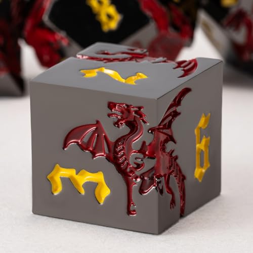 DND Metal Dragon Dice Set with Dragon, Metallic Polyhedral Dice Set for Dungeons and Dragons RPG TTRPG D&D Die with Gift Case (Dragon-Black Nickel Red) - color: Dragon-black Nickel Red