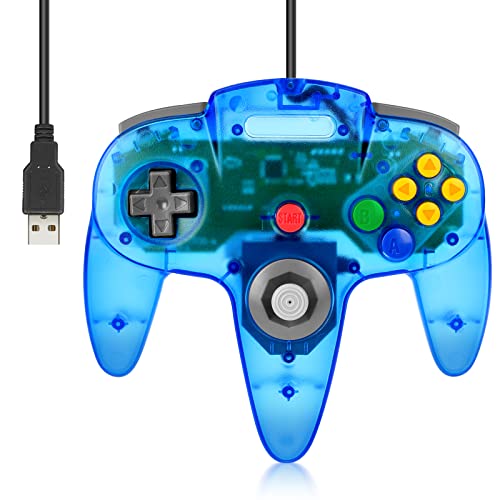 FISUPER Wired USB N64 Controller, Classic Video Game Controller USB Gamepad for Windows PC MAC Raspberry PI Retropie (Clear Blue) - color: Clear Blue