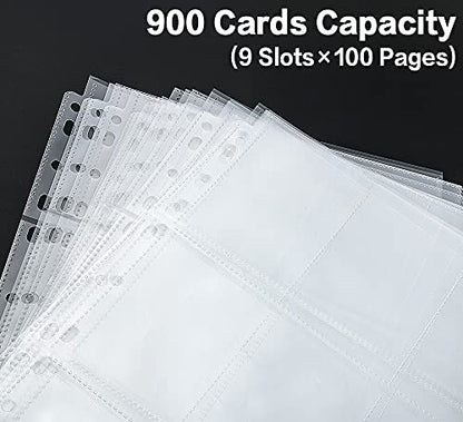 HERKKA Trading Card Sleeve Pages, 100 Pack 9 Pocket Album Pages 11 Holes Fit 3 Ring Binder - size: 100 pack
