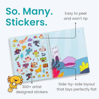 Axolotl 300+ Kids Sticker Book by Cupkin Toddler Airplane Travel Coloring and Sticker Book, Road Trip Essentials, 8 Coloring Pages 8 Side by Side Scenes for Ages 2–8 Years - color: Axolotl Adventures