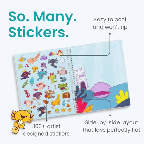 Axolotl 300+ Kids Sticker Book by Cupkin Toddler Airplane Travel Coloring and Sticker Book, Road Trip Essentials, 8 Coloring Pages 8 Side by Side Scenes for Ages 2–8 Years - color: Axolotl Adventures