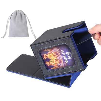 AFIING MTG Deck Box for Commander Display,Card Deck Box Fits 100 Double Sleeved Cards, Magic Commander TCG Storage Box with 2 Dividers,Drawstring Bag and 1 Toploader(Black/Blue) - color: Commander Black Blue