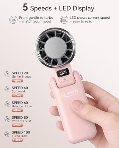 Portable Fan, Handheld Fan, Small Fan with Turbo & Ice Cooling, Hand Fan 5-Speed 4000mAh Rechargeable, 3-in-1 Foldable Personal Travel Fan, Lightweight for Beach Vacation, for Women Girl-Pink - color: Pink