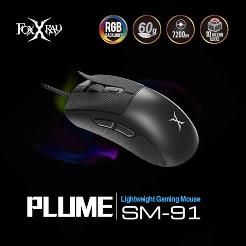 FOXXRAY SM-91 RGB Gaming Mouse, 60g Ultra-Lightweight Wired Mouse, 7200 DPI, 7 Programmable Buttons, Anti-Slip Side Grips, 6ft (1.8m) Braided Cable, Ergonomic Gaming Mouse for Windows/PC/Laptop