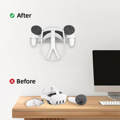 VR Wall Mount Aluminum Alloy,VR Headset Wall Mount Storage Stand Hook Compatible with Meta Quest 3/Quest Pro/Quest 2,Quest 3 Stand with 2 Storage Way,Desk Space Saving(Silver)