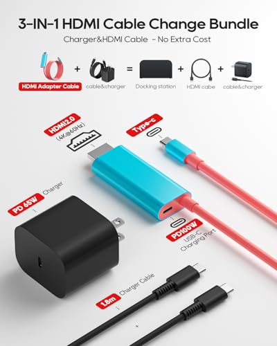 Portable Dock 4K with 65W Charger & 6.5' HDMI for Nintendo Switch 2/1/OLED/Steam Deck/ROG Ally/Legion Go/Laptop etc. Travel Docking Station TV Accessories, USB-C Charging Cable, AC Adapter Power Cord