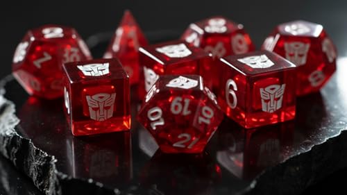 Renegade Game Studios Transformers RPG Dice Set, 8-Piece Red Polyhedral | Official translucent red dice with Autobot symbols. Includes 2 d20s, d12, d10, d8, d6, d4, and d2 coin for tabletop gaming