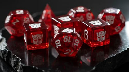 Renegade Game Studios Transformers RPG Dice Set, 8-Piece Red Polyhedral | Official translucent red dice with Autobot symbols. Includes 2 d20s, d12, d10, d8, d6, d4, and d2 coin for tabletop gaming