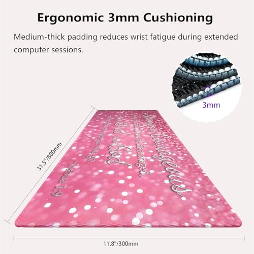 Be Strong and Courageous Large Mouse Pad, Pink Glitter Christian Desk Mat | Keyboard Mat Stitched, 31.5" x 11.8", Inspirational Quote, Joshua 1:9, Bible Verse Scripture, Religious Faith Sparkle - color: Vibrant Design J08K