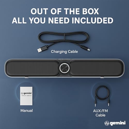 Gemini Portable Bluetooth Soundbar for TV, Desk & Gaming (GSBR-20) | 16" portable soundbar for TV, desk & gaming - USB-C or battery - dual 2" drivers - FM, 5-in-1 media