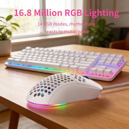MR.FOX M1 Ultralight Honeycomb Gaming Mouse Wired, 75g Lightweight, 12,800 DPI Optical Sensor, RGB Lighting with Music Sync, 6 Programmable Buttons, Braided Cable, Gaming Mouse for PC/Mac, White - color: White