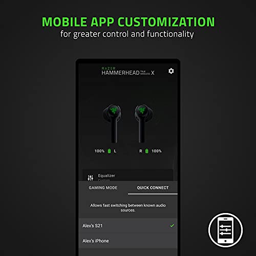 Razer Hammerhead True Wireless X Earbuds: Custom-Tuned 13mm Drivers - Bluetooth 5.2 w/Auto-Pairing - 60ms Low-Latency Gaming Mode - Touch Enabled - Mobile App Customization - Classic Black - style: TW X