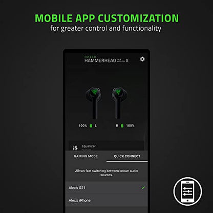 Razer Hammerhead True Wireless X Earbuds: Custom-Tuned 13mm Drivers - Bluetooth 5.2 w/Auto-Pairing - 60ms Low-Latency Gaming Mode - Touch Enabled - Mobile App Customization - Classic Black - style: TW X