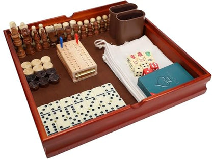 WE Games 7-in-1 Wooden Combo Game Set - Chess, Checkers, Backgammon, Dominoes, Cribbage, Dice & Cards, Walnut Wood 12 inch Combination Board Game Set for Adults