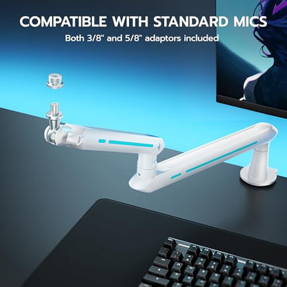 ARES WING Aluminum Low Profile Mic Arm with 4.4 lbs Load Capacity, Adjustable Microphone Boom Arm with 3/8” to 5/8” Screw Adapter, Desk Mount Mic Stand for Gaming Streaming Podcasting, White - color: White