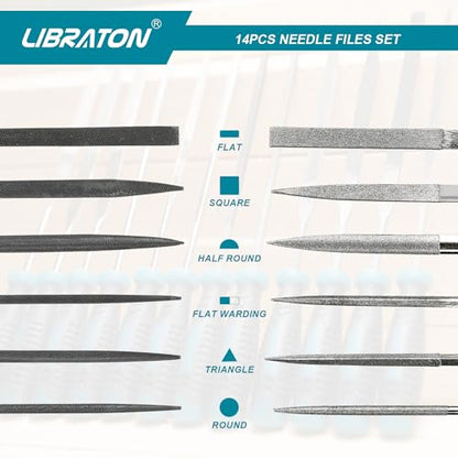 LIBRATON Needle File Set, Diamond Needle File Set, 14PCS Small File Set | 6 Diamond Files & 6 Carbon Steel Files with Wire Cutter, Steel Brush, Carry Bag, Jeweler File Tools for Soft Metal,Wood,Model - style: Needle File-14PCS