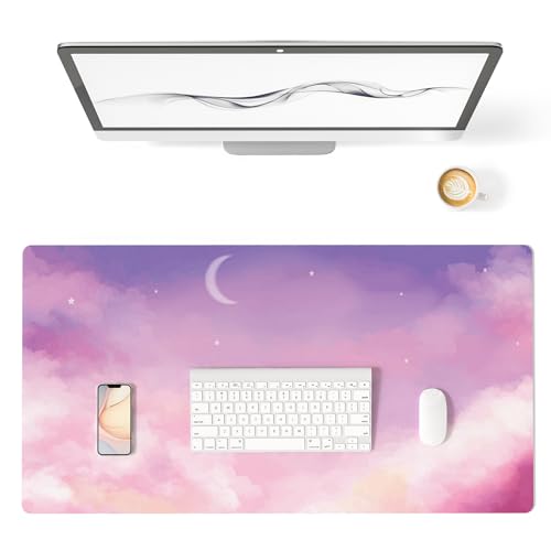 Colorful Star Pink Purple Cute Waterproof Desk Mat, 31.5" x 11.8" | Large Office Mouse Pad for Girls Women, Non-Slip Computer Gaming Keyboard Mat, Desk Accessories Décor for Work - color: Pink Purple Moon Sky, size: 31.5" x 15.7"