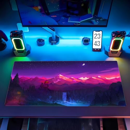 Purple Mountain Desk Mat, Night Sky Large Gaming Mouse Pad 31.5x15.7 in | Aesthetic purple starry night desk pad with comfortable 3mm cushion, smooth fabric top, and non-slip rubber base. - color: Anime Art Scenery1