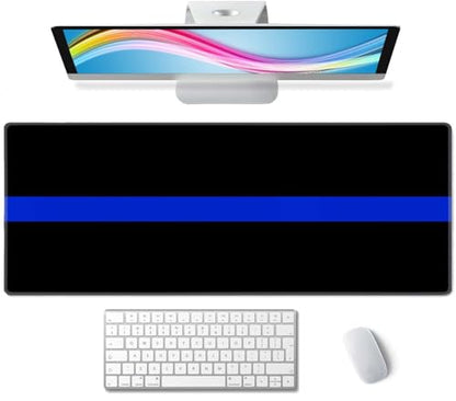 Extended Gaming Mouse Pad Big, Thin Blue Line Long Mouse Pad Large, 31.5x11.8in Non-Slip Rubber Base Black Mousepad, Stitched Edges Keyboard Mouse Mat Desk Pad - color: Thin Blue Line