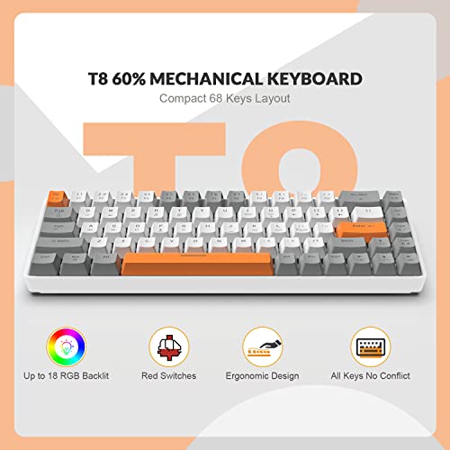 ZIYOU LANG 65% Wired RGB TKL Portable Mechanical Gaming Keyboard Light Gray Red Switch with Coiled Cable and White Rainbow Cloud Wrist Rest for PC Mac Gamer