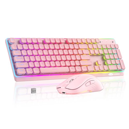 MAGEGEE Wireless Keyboard and Mouse Combo, 2.4G Full Size RGB Keyboard with 104 Keys, Rechargeable Wireless Mouse with 3 DPI, Ergonomic Computer Keyboard and Mouse Set for Windows Mac Laptop PC - color: Pink