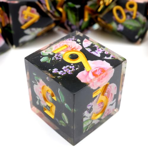 XENOLUX DND Dice Set - Sharp Edge Resin Polyhedral RPG Dice for Dungeons and Dragons Board Games, Elegant Floral Rose Design with Tin Box (L4) - color: L4