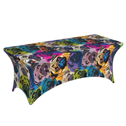 Famame Seamless Pug Colorful Face Rectangular Fitted Tablecloth- 6Ft Stretch Spandex Table Covers Patio Design Tablecloths for Wedding Banquet Party (72Lx30Wx30H) - color: Seamless Pug Face, size: 3" x 1" (Rectangular)